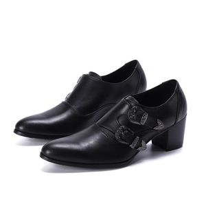 Masculino apontado toe preto genuíno vestido de couro sapatos homens 7.5 saltos altos fivelas mans sapatos de festa de couro