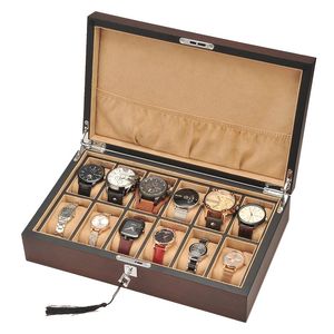 Watch Boxes & Cases 12 Grids Classical Lockable Storage Brown Color Wooden Box For Men