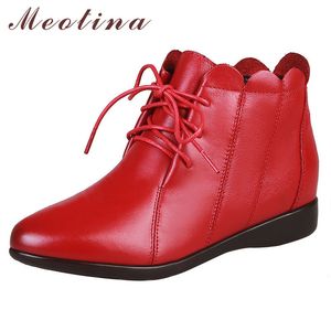 Winter Ankle Boots Women Natural Genuine Leather Flat Short Cow Round Toe Shoes Female Autumn Red Size 41 210517