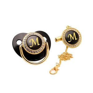 Pacifiers# Luxury Black Bling Baby Pacifier And Clip Alphabet Letter M Infant Gold Unique 26 Name Initials Shower GiftPacifiers#