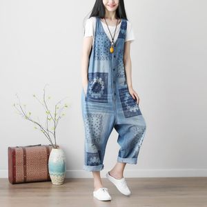 Kvinnors jumpsuits rompers kvinnor sommar tvättade vintage tryckta övergripande kvinnliga tryckmönster blekt skrapade jeans