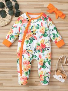 Baby-Pyjama mit durchgehendem Blumen-Reißverschluss und Haarband SIE