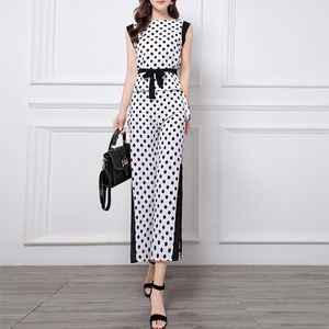 Kvinnors träningsdräkter Summer Chiffon Polka Dot Print Two Piece Set Women Bluses Top Wide Leg Pants Suits Elegant Vintage Office Ladies Clothhe