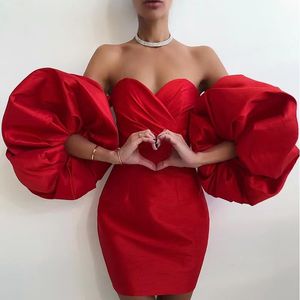 Kurze Cocktailparty-Kleider mit Puffärmeln, schulterfrei, Mini-Satin-Abschlussballkleid für Frauen und Mädchen, sexy rückenfrei, Abendkleider für besondere Anlässe 2022, dunkelrote Robe