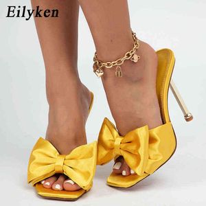 Eilyken New Arrival Silk Butterfly Knot High Heals Women Slippers Square Toe Mule Slides Party Pumps Shoes