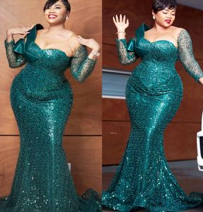 2022 Plus Size Arabic Aso Ebi Hunter Green Mermaid Prom Dresses Sheer Neck Sexig Evening Formal Party Second Reception Birthday Engagement Gowns Dress ZJ320