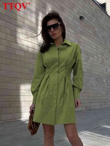 TTQV Fashion Green Mini Dress Ladies Vintage risvolto manica lunga aderente camicia elegante abiti monopetto per le donne T220804