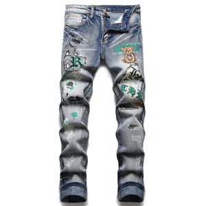 Punk Retro Blue Męskie dżinsy 2022 Summer Stretch Slim-Fit Dieing Dyeing Spods Fashion Casual Spoders Vaqueros de Hombre