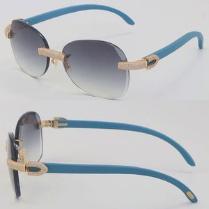 New Two Micro paved Diamond Set Rimless Blue Wooden Womans Sunglasses Thickness Lens Wood Rocks Frame Male and Female Sun Glasses Mens K Gold Frames Size