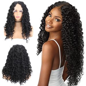 Curly Natural Black Hair Deep Wave Heat Ristant Synthetic Lace Front Middle Part Woman Wigs