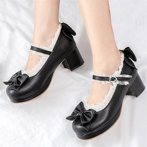 Agodor Black Lolita Buty Mary Jane Buty dla kobiet wysokie obcasy Platforma Platforma Block Heels Buty Buty Kobieta różowy rozmiar 42 43 44 45 Y200702