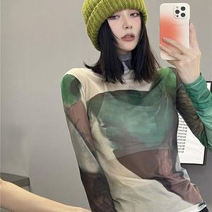 Women's T-Shirt Wholesale Sexy Tie-dyed See-through Woman Tshirts Female Strange Taste Girl Hip-hop Clothes Aesthetic Gauze Mesh Hollowing S