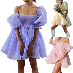 Kvinnors Off Shoulder Puffy Sleeve Mini Dress Tulle Princess Dress Sommar Ruffle Mesh Bröllop Evening Party Prom Kort Klänning Y220414
