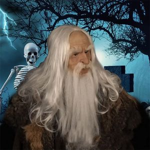 Halloween Headgear Realistic Old Man Head Masks Latex Long Hair Wizard Performance Prop For Halloween Costume Cosplay Party 220711