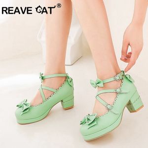 REAVE CAT Donna Mary Janes Décolleté Cute Bowtie Princess Lolita Shoes Ladies Square Tacco alto Princess wedding Cosplay Big size 48 220402