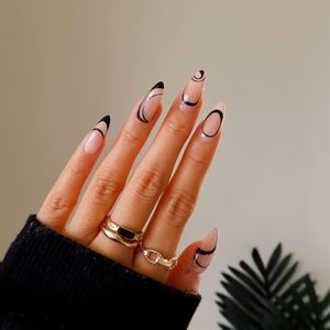 Линейные миндальные накладные ногти в скандинавском стиле, набор из 24 шт. с клеевым прессом на искусственных ногтях, дизайн ногтей средней длины