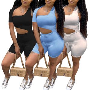 One Shoulder Cut Out Biker Shorts Rompers 2022 Sleeveless Sporty Workout Activewear Playsuits Solid Casual Women Clothes