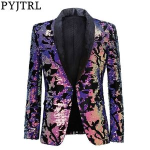 Pyjtrl moda mor renkli kadife payetler blazer maskülino ince fit erkekler ceket sahne şarkıcısı kostüm parlak blazers 220527