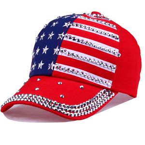 ファッションカジュアルなケース女性野球帽子の女の子スパークルラインストーンUSA愛国的なアメリカ旗レディキャップハットjptnt