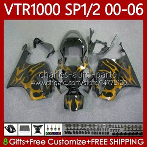 OEM Fairings för Honda VTR RTV 1000 VTR1000 2000 2001 2002 2003 04 05 06 BODY 123NO.201 RC51 SP1 RTV1000 00-06 SP2 VTR-1000 00 01 02 03 2004 2005 2006 Guldflammar Kroppsarbete