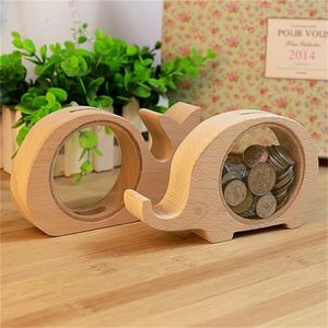 Wooden Box Cute Hippo Whale Elephants Animal Money Boxes Coin Piggy Bank Transparent Glass For Kids Children Gifts 201125