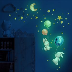 Cartoon Bunny Balloon Wall Sticker Bedroom Living Home Decoration Kids Room Wallpaper Glow in the Dark Cute Stickers 220727