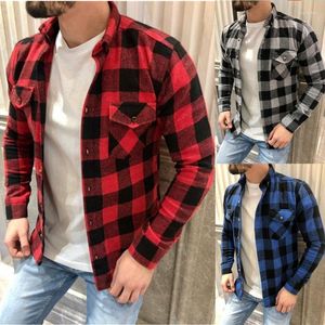 Men's Casual Shirts 2022 Mens Plaid Flannel Shirt Long-sleeved Chest Two Pocket Design Fashion Printed-button Autumn Winter Warm
