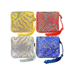 Custom 8.5x8.5 cm Thick Mini Zipper Gift Bags for Jewelry Packaging Chinese Silk Brocade Full Zip Pouch Bracelet Storage Bag Party Favors 100pcs/lot