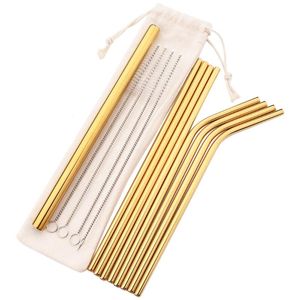 Drinking Straws Gold Reusable Straw 304 Stainless Steel Set Metal Straight Bent With Case Cleaning Brush Tea Bar AccessoryDrinking