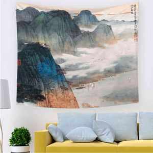 Asiatiska kinesiska landskap Orientalisk stil Akvarell Ink Mountain Tree Print mattvägg Hängande sovrum vardagsrum TAPESTRY J220804