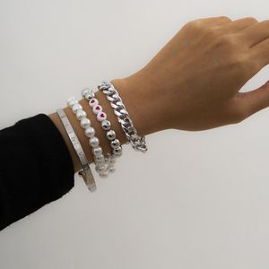 Link Chain 2022 CCB Round Bead Punk Aluminum Metal Texture Imitation Pearl Bracelet Set Siilver Gold Color Beach Jewelry For Women