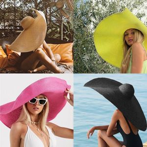 Breda randen hattar 70 cm överdimensionerad sol stor UV -skydd strand resesemester halm hatt kvinnor sommar diskette fällbara fedoraswide chur22