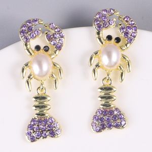 Purple Rhinestone Lobster Drop Brincos Dangle para Women Crystal com Acessórios de Jóias de Metal de Ouro Presentes de festa Brinco