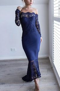 Elegant Dark Navy High Low Mermaid Prom Dresses Bateau Neck Long Sleeve Special Occasion Gowns Lace Satin Evening Dresses For Women Girls