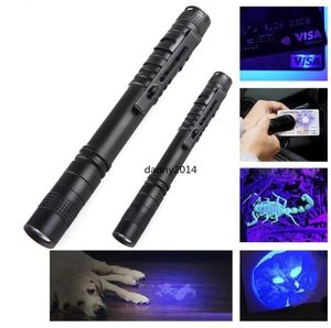 Mini UV Pen Latarki 395nm Purpurowe światła Latarka Pocket Pocket Portable Ultrafiolet Pochodnie Lampa 1 Tryb 300LM Pen Stare Light Wodoodporny Penlight Z Klipsem