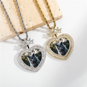 Custom Crown Heart Photo Frame Commemorative Pendant Gold Sier Plated Men Hip Hop Jewelry Gift