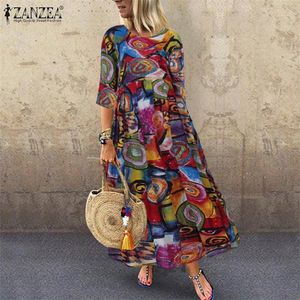 Autumn Summer ZANZEA Pleated Dres Vintage Vestidos Robe Printed Long Maxi Dresses Femme 34 Sleeve Tunic 220601