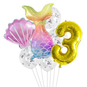 Mermaid Tail Shell Number Balloons 7pcs/Set Party Decor Gold 32inch Aluminum Foil 12 Inch Confetti Latex Balloon Sets Cartoon Animal Birthday Baby Shower Supplies