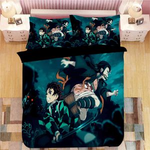 Demon Slayer Sticker Bed Linen Cartoon Anime Duvet Capas de fronhas de travesseiros Conjuntos de roupas de cama de edredom de crianças adornamento de quarto