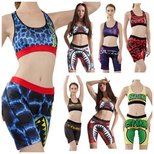 Moda Letter Swimwear Mulheres Tracksuit Verão Sem Mangas Colete Tanques   Shorts 2 Peça Outfits Shark Imprimir Swimsuit Sportswear Múltiplas Opções