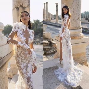 Abito da sposa a sirena Arabia 2022 berta Collo alto Spacco laterale Illusion Appliques in pizzo Manica lunga Sweep Train Boho Abito da sposa