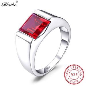Boho Real S925 Sterling Silver Wedding Rings for Men Women Red Ruby Stone Square Zircon Engagement Ring Man Party Fine Jewelry b