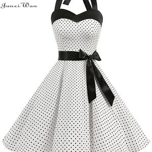 Frauen Polka Dot Print Sommer Kleid Sexy Retro Weiß Halter Vintage Plus Größe Robe Femme Pin Up Rockabilly Party 220402