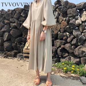 TVVOVVIN NEW KOREAN STYLE WOMEN LONG DROSEルーズプルーズサイズの綿とリネンドレス女性夏の女性服F253 T200113