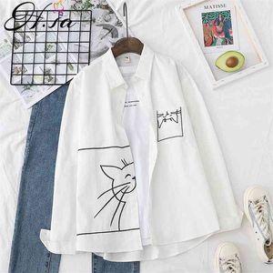 HSA Women Spring Cartoon Bloups Pocket Cat Blouse White and Shirts Manga longa de grandes dimensões BLUSA TOPS CHIRTAS CAT CHIC 210326