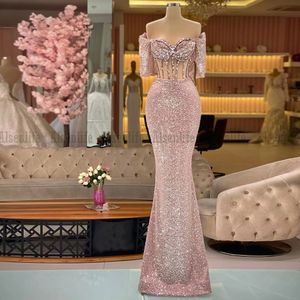 Formalne cekiny vestidos błyszczące sukienki wieczorowe różowe na ramię vestidos suknie balowe szat de soiree femme