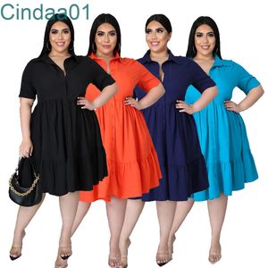 Woman Solid Large Clothes Cacual Short Sleeve Shirt Dresses Summer Plus Size Midi Dress With POLO Collar L-5XL
