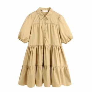 Neue Frauen einfach Puffärmel einfarbige Falten große Schaukel Minikleid Bürodame Knöpfe Vestido Chic Casual Kleider DS3781 T200613