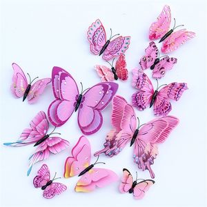 12pcs 3D Butterflies Duas Butterflies Starters de parede Decoração Casamento Decoração da sala de parede Diy Arte de parede adesivos 220727