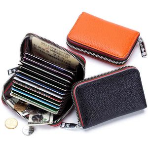 wallets Genuine Leather Men Women Card Holder Small Zipper Wallet Solid Coin Purse Accordion Design ID Business Credit Bags 220625